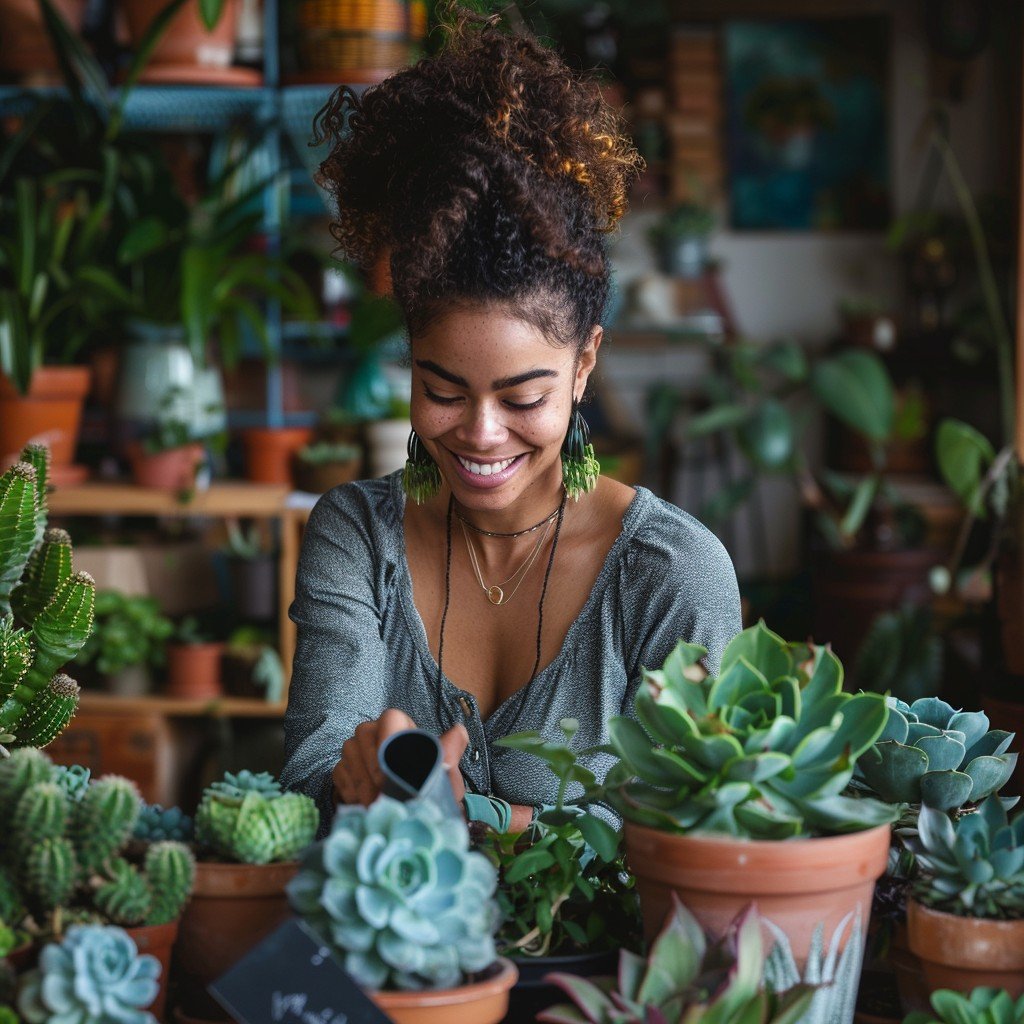 "Young woman enjoying indoor garden surrounded by lush greenery"